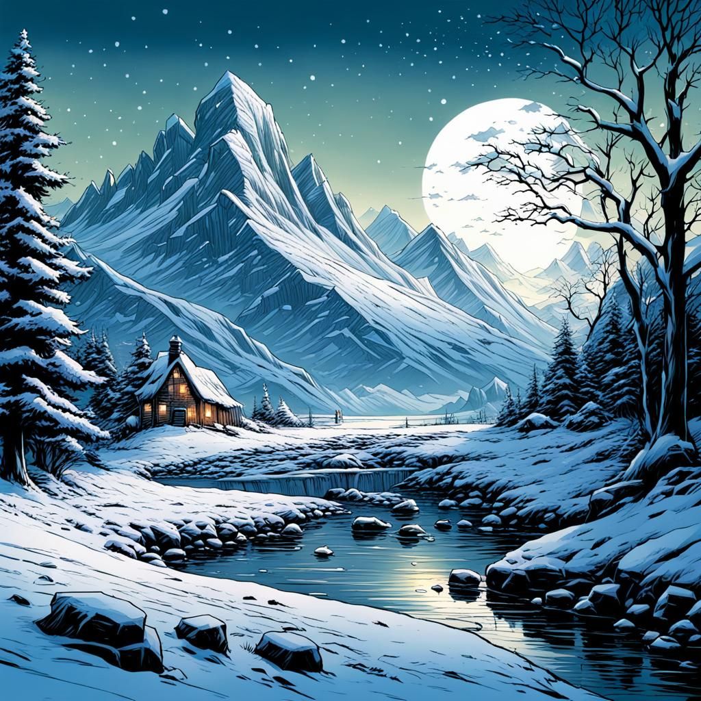 Snowy Landscape in Comic Book Art Style