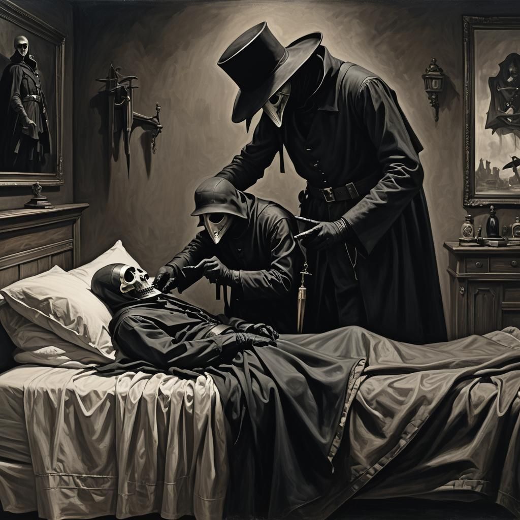 Plague Doctor Attends Patient: Monochromatic Oil Painting