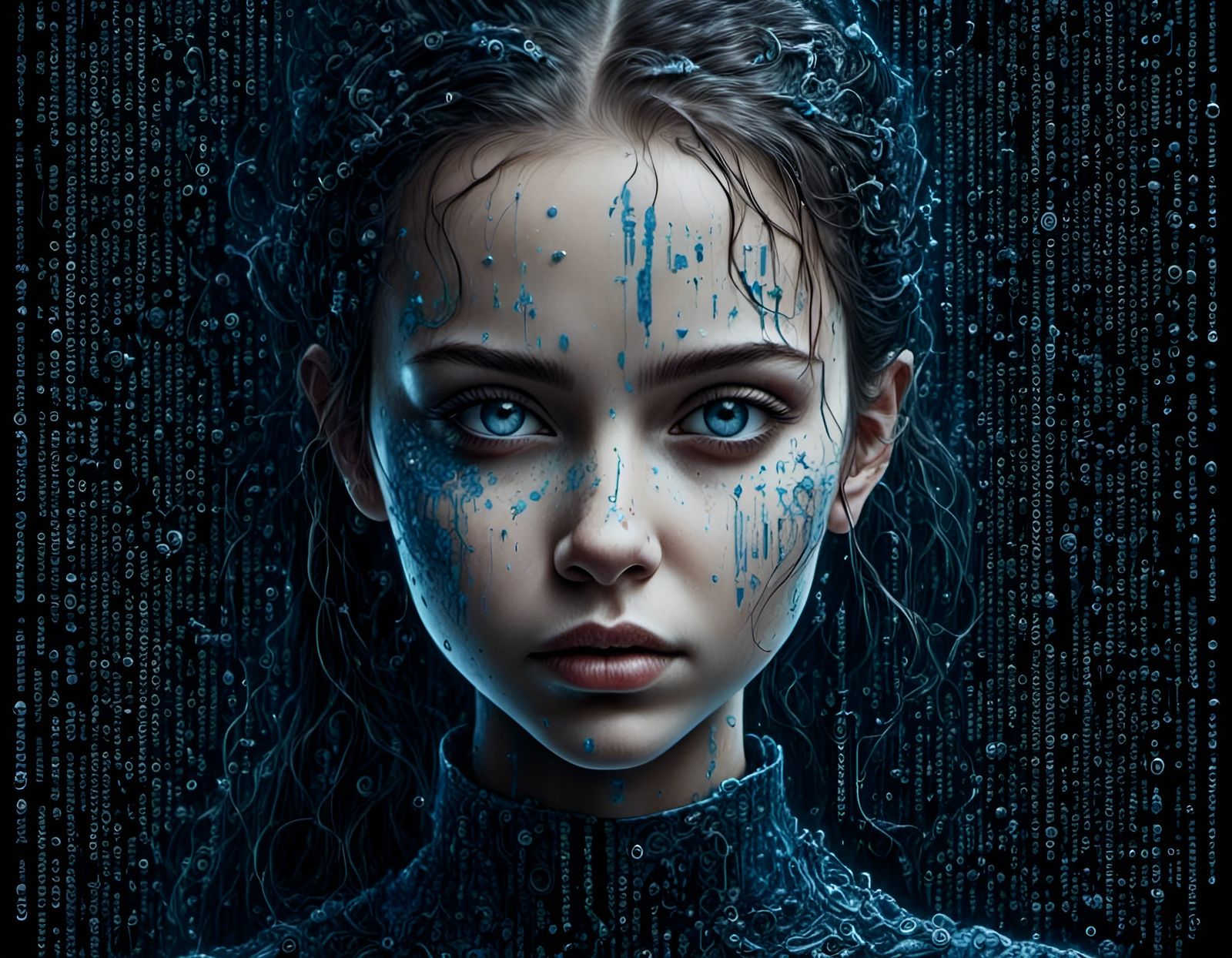 Cyberpunk Matrix Girl Portrait in Blue Numbers