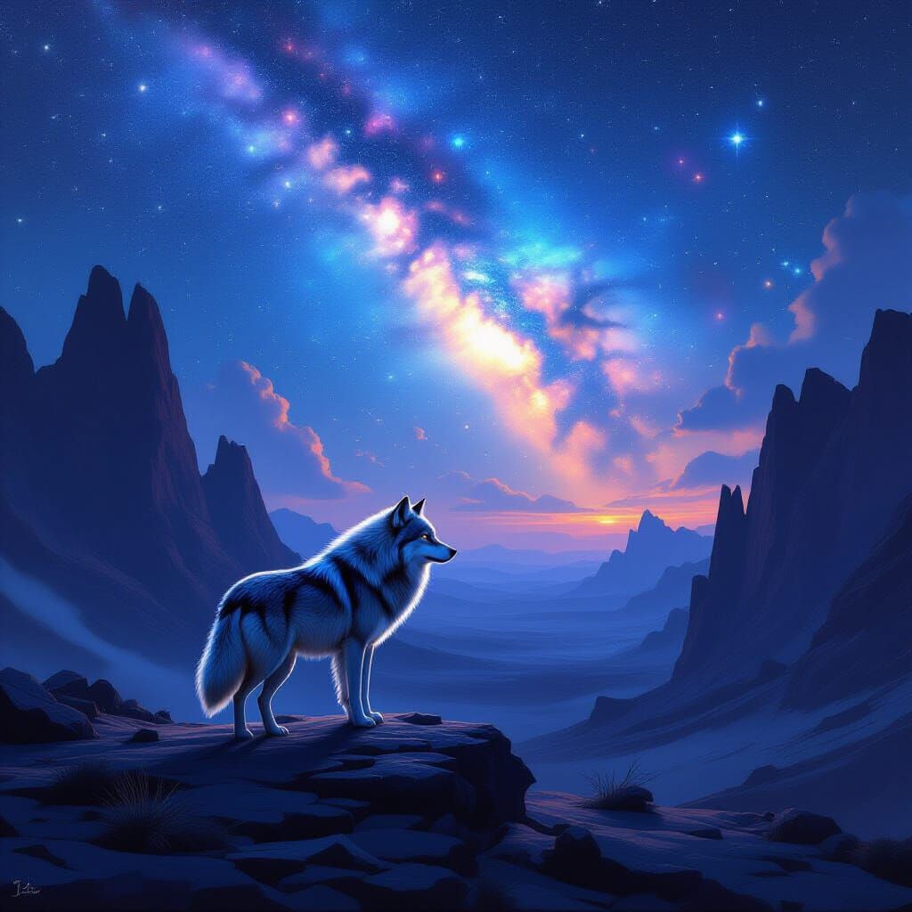 Hyperrealistic Wolf Under Nebula Sky, Digital Painting