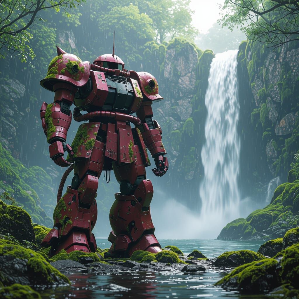 Moss-Covered Zaku Mech near Waterfall in Sci-Fi Style
