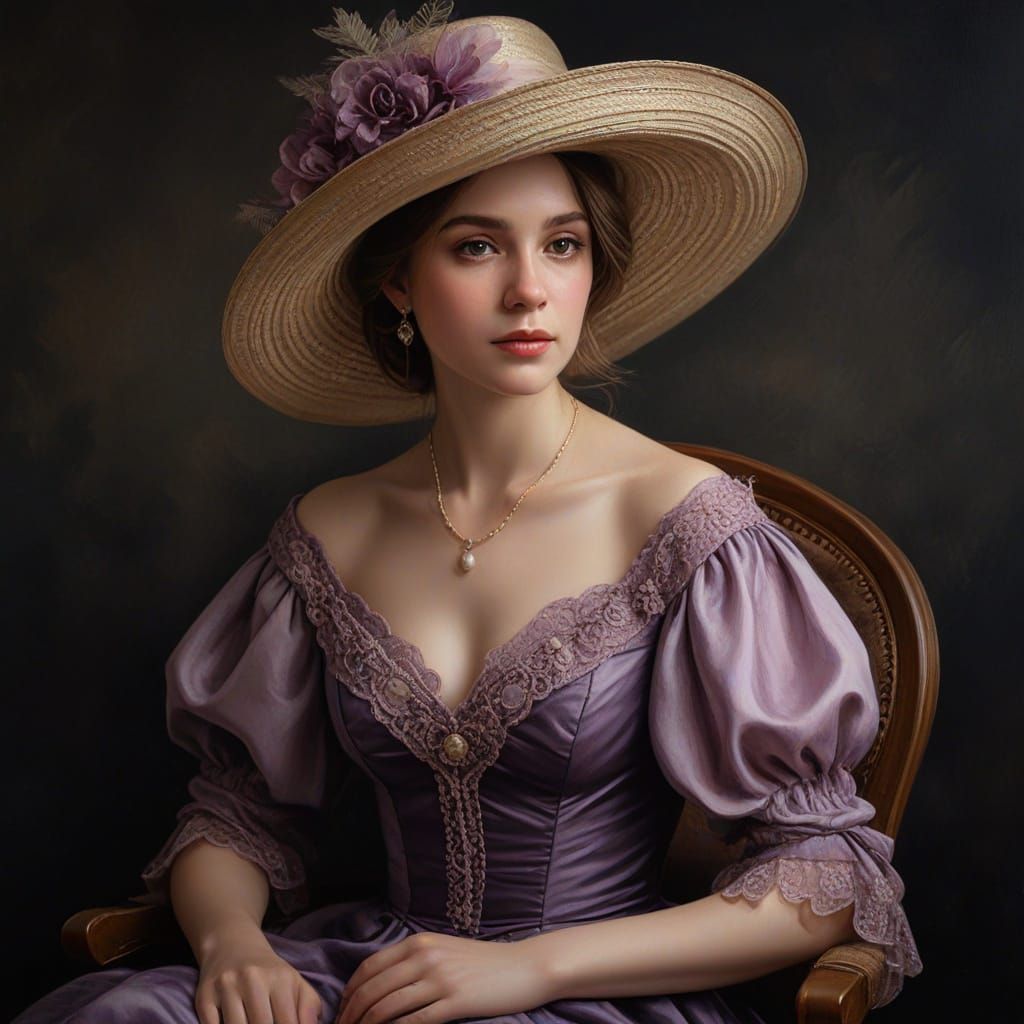 Victorian Woman in Purple Dress: Oil Painting