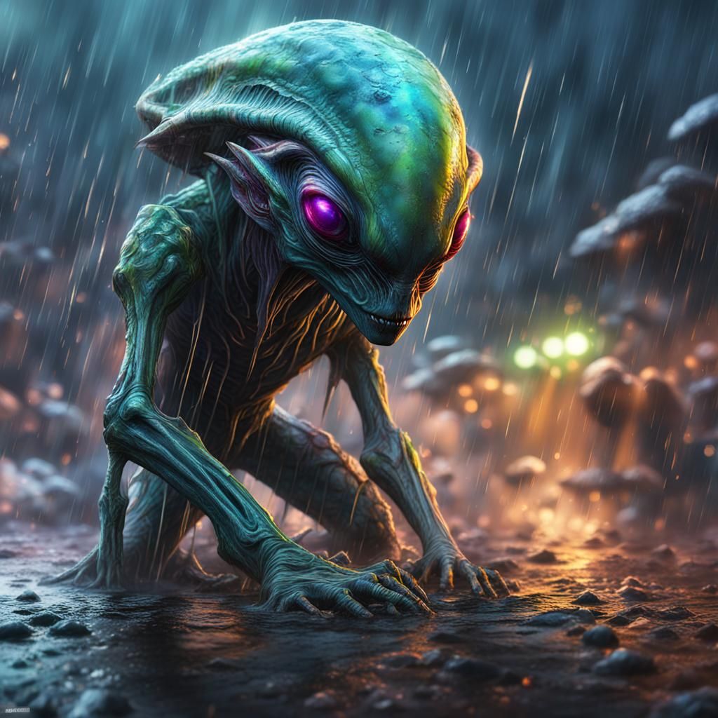 Realistic Alien in Rainy Extraterrestrial Landscape