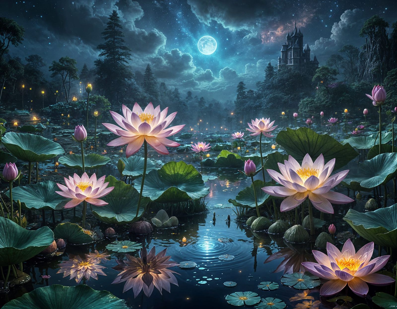 Glowing Lotus Pond Scene in Dreamy Cosmic Style