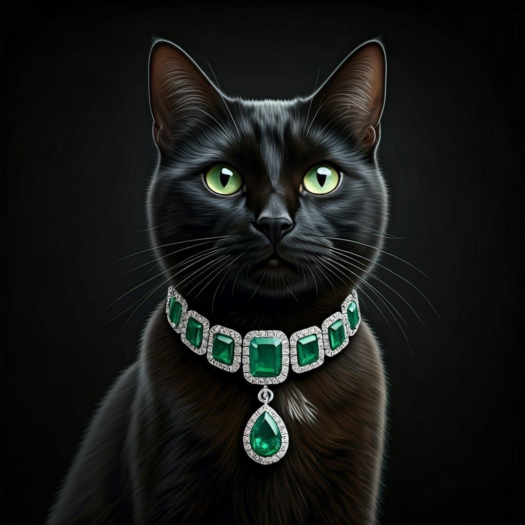 Black background, a black cat wearing an emerald and diamond collar
