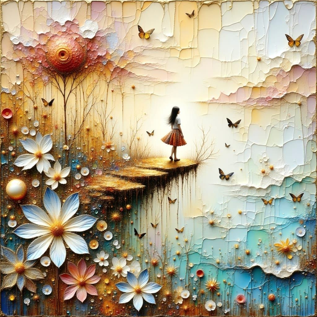 A Dreamy Garden Scene in Vibrant Apricot and Mint Tones