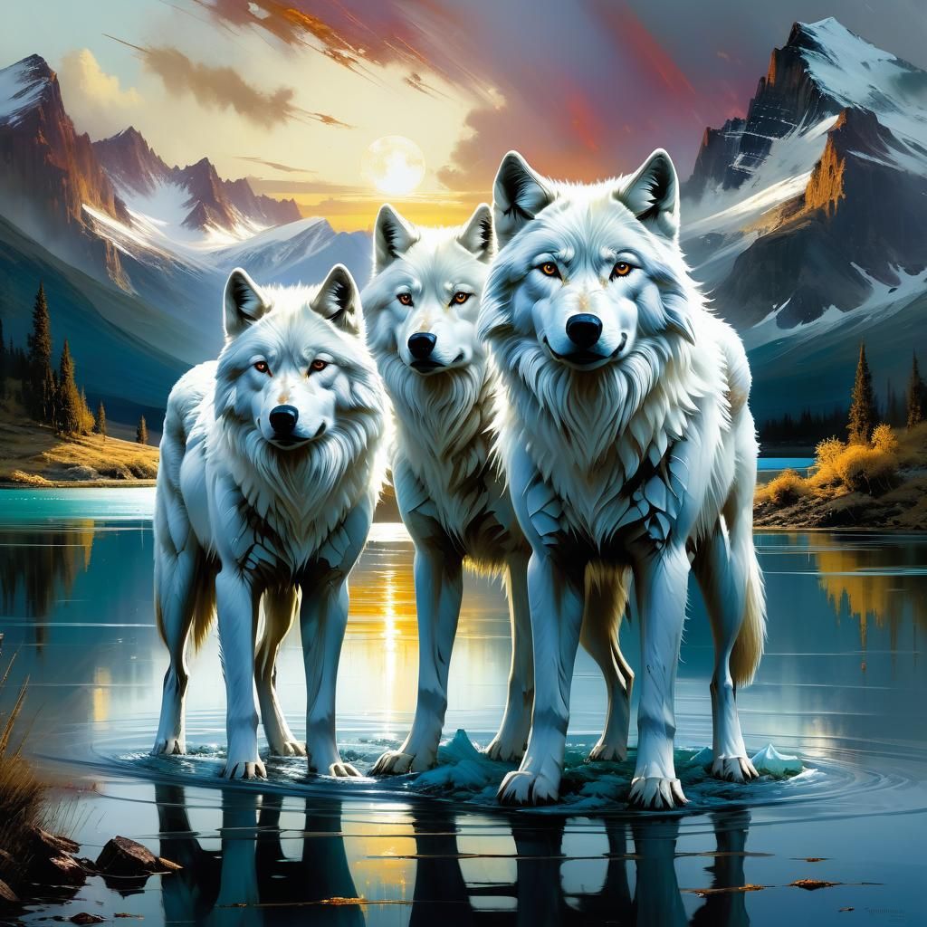 Wolves in Lake at Sunset: Detailed Matte Painting