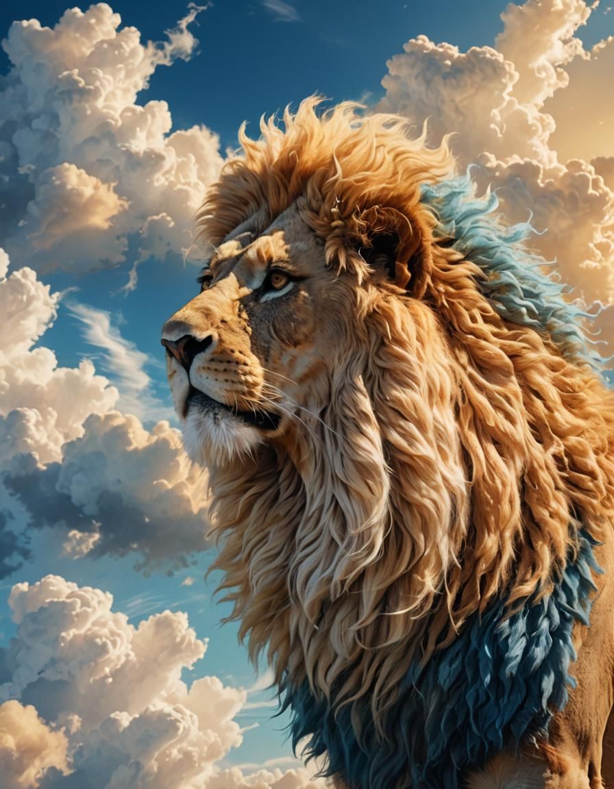 Lion Head in Clouds: Ethereal Fantasy Concept Art