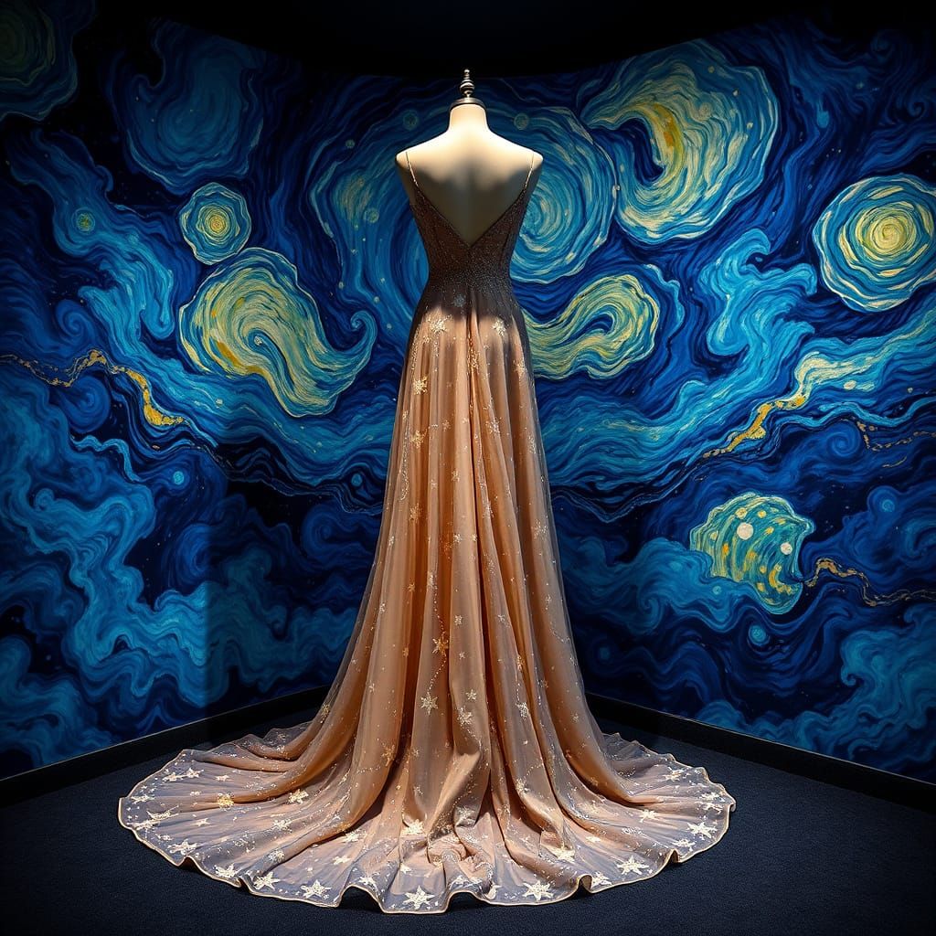 Ethereal Star Embroidered Gown in a Dreamy Van Gogh Chamber