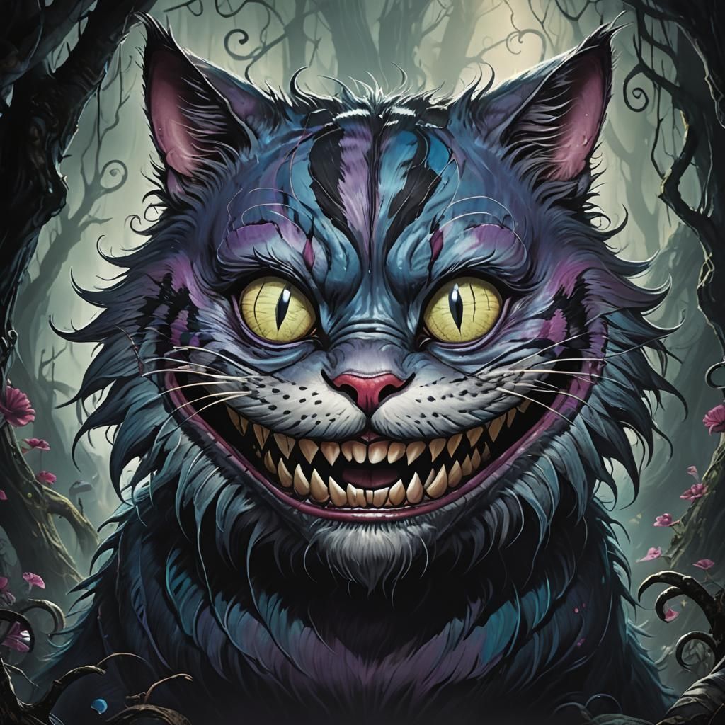 Menacing Cheshire Cat Disappearing in Burtonesque Style