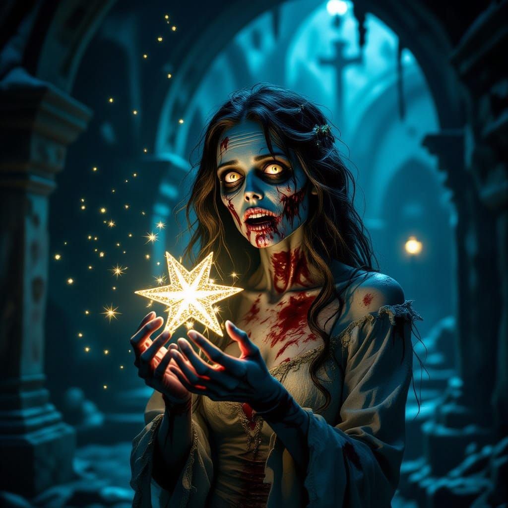 Female Zombie Holds Glowing Star in Ancient Crypt