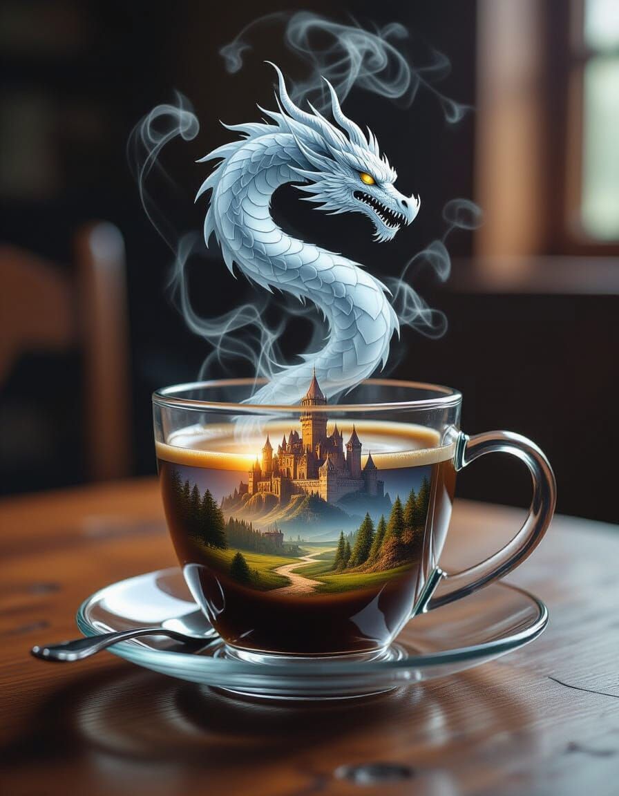 Dragon Smoke Rises From Fantasy Coffee Cup