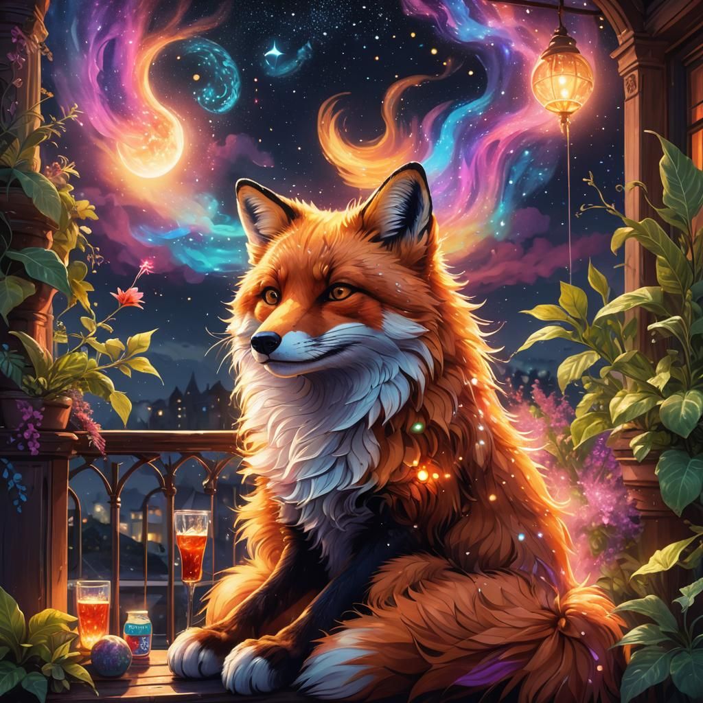 Cosmic Fox Sipping Coke: Astral Illustration