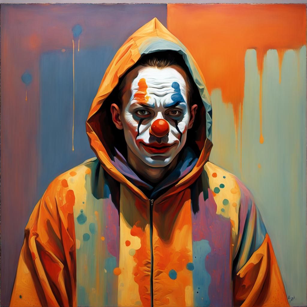 Clown Submerged in Colorful Oils, Thick Layered Painting