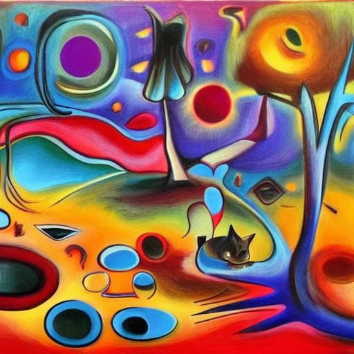 Smart Cat Supported by Abstract Forms, Surreal Oil Painting