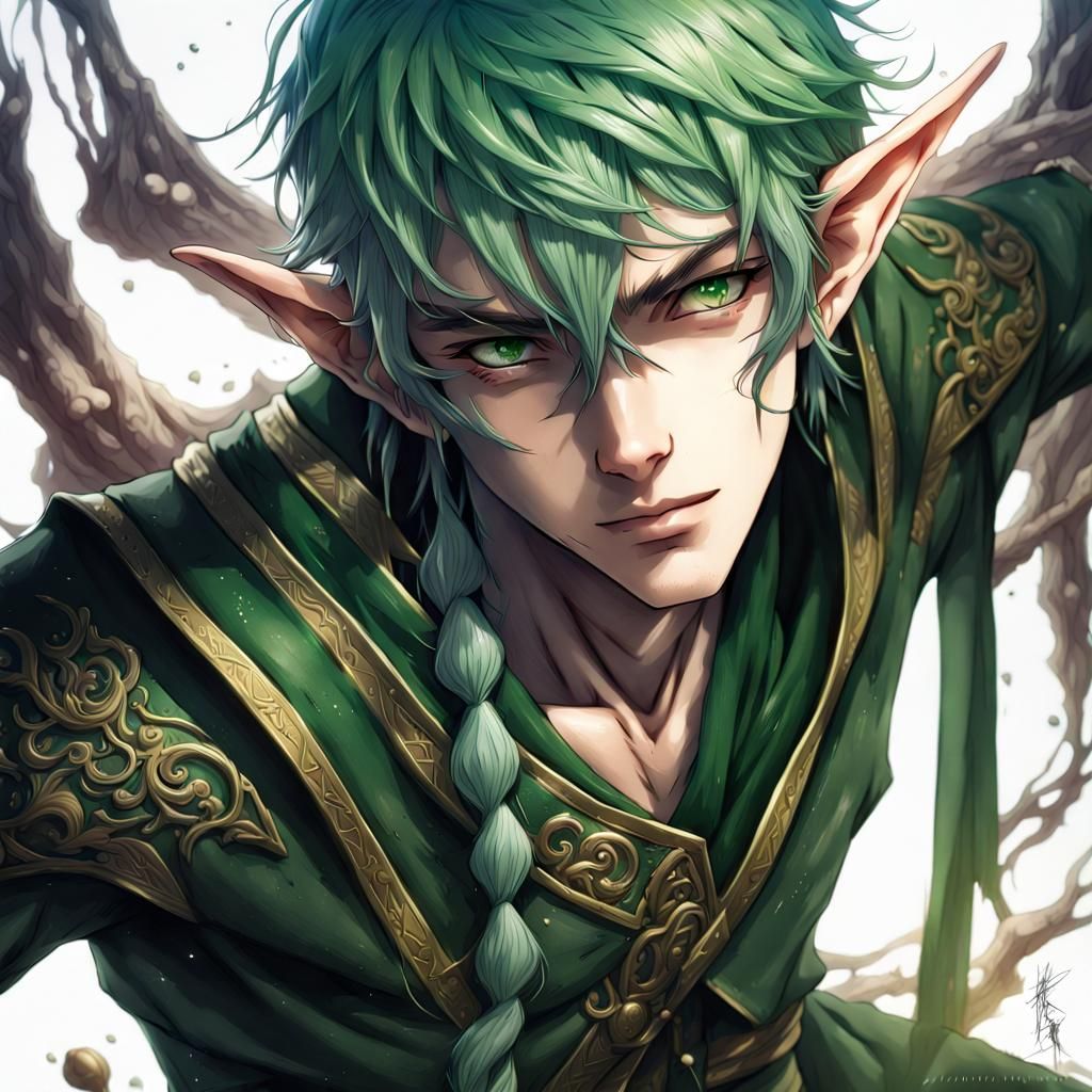 Hyperrealistic Male Elf with Green Hair
