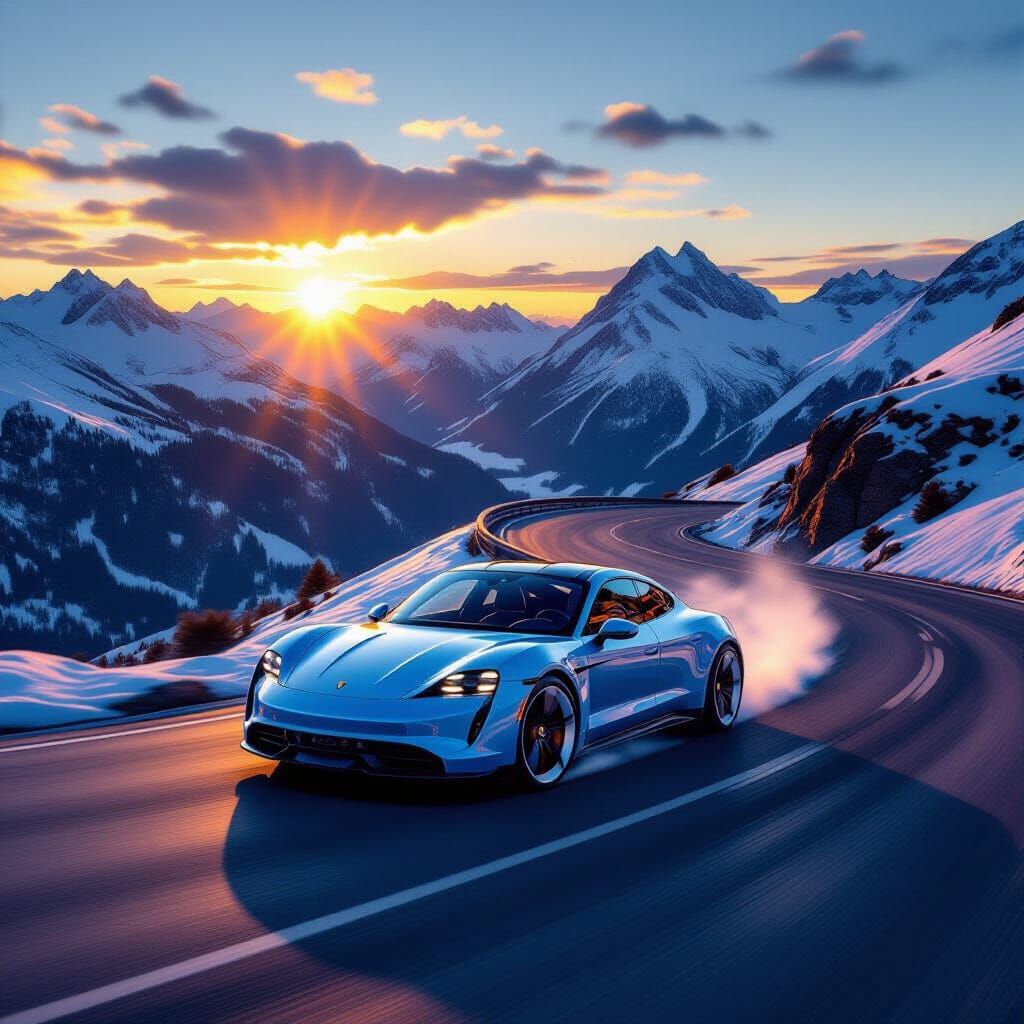Electric-Blue Porsche Taycan Drifting: Hyperrealistic Automo...