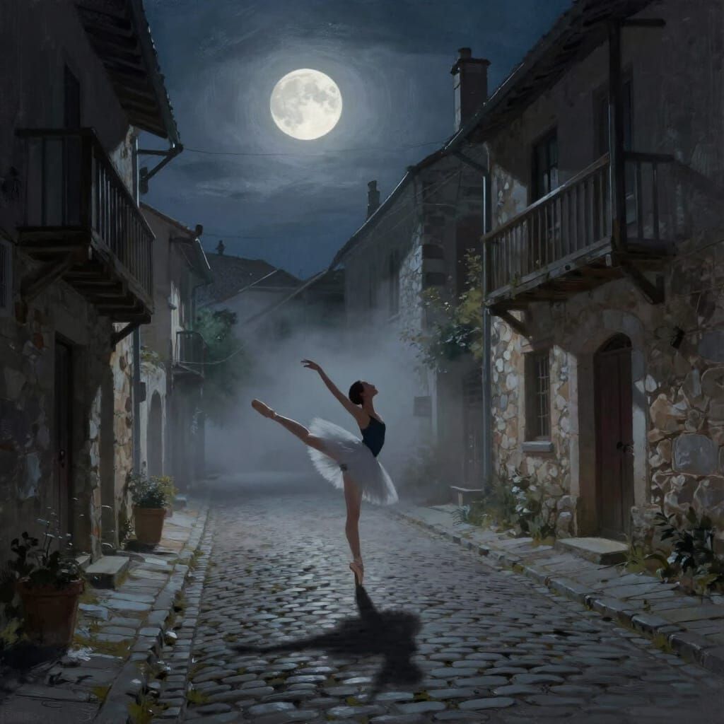 Ballerina's Moonlit Arabesque in Ancient Village