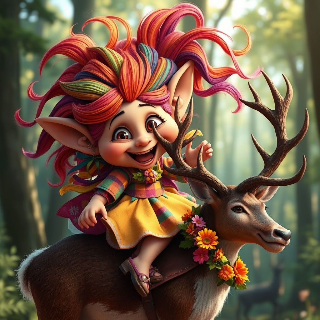 Whimsical Troll and Deer Ride, Fantasy Concept Art