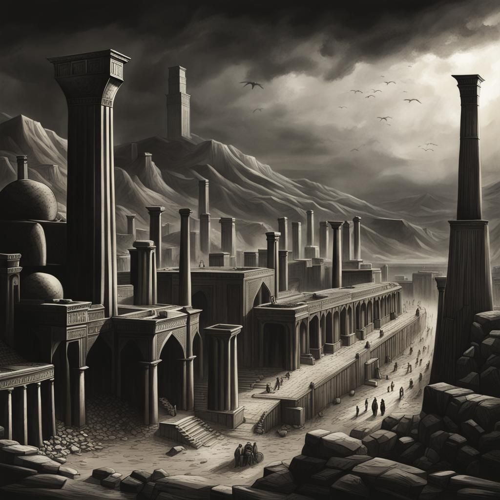 Persepolis City Under Attack in Dark Fantasy Style