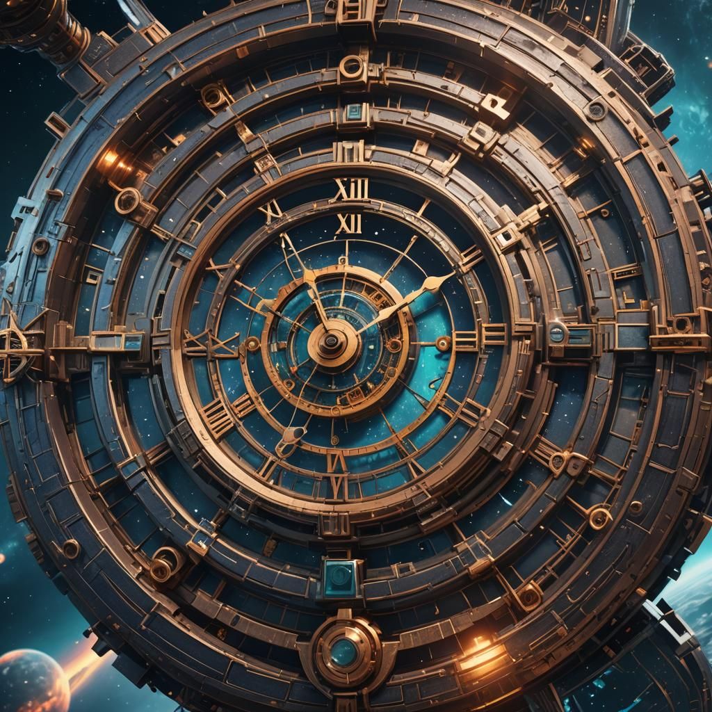 Futuristic Clock in Space: Detailed Digital Art