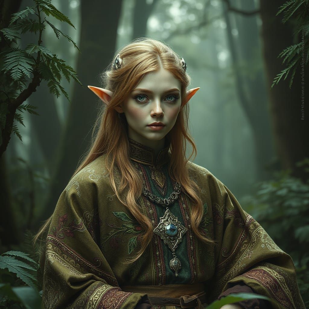 Majestic Elf in Misty Forest, Photorealistic Detail