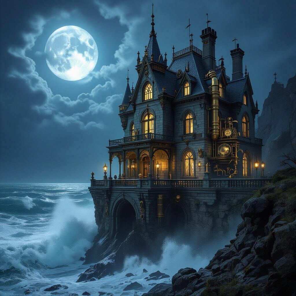Gothic Steampunk Mansion Overlooking Moonlit Sea