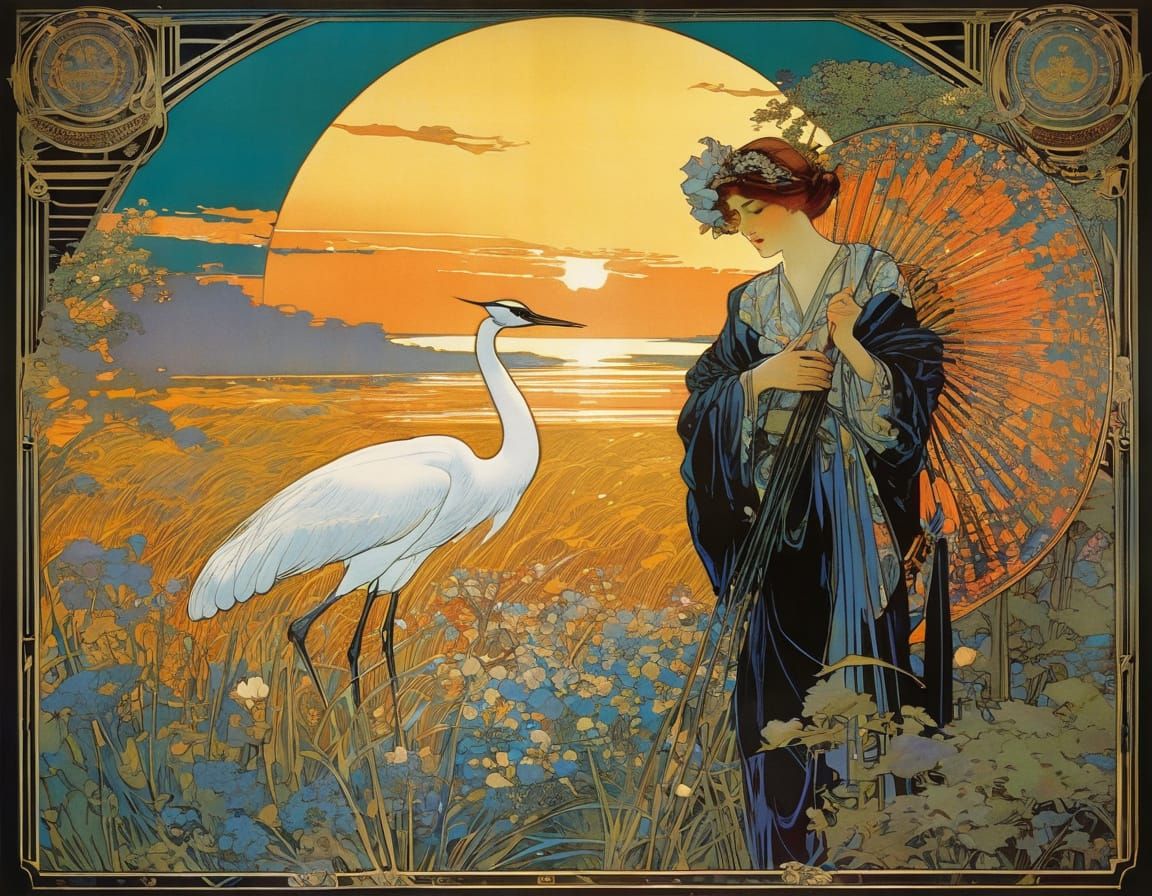 Majestic Cranes Soar into Spring in Whimsical Artistic Style