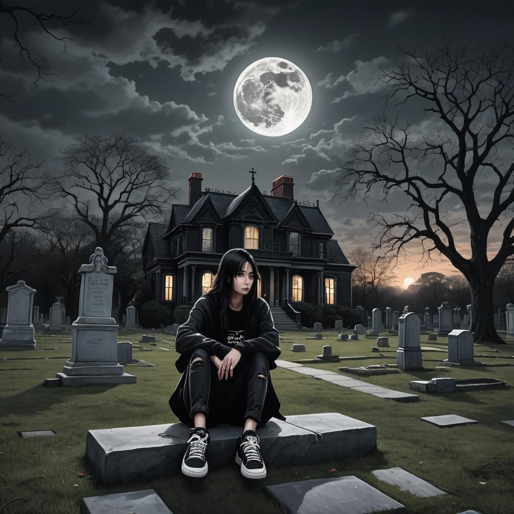 Gothic Cemetery Scene with Girl in Tears