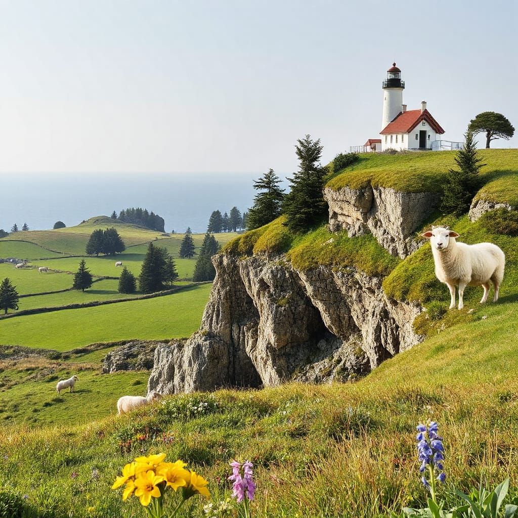 Coastal Landscape with Limestone Cliffs, Sheep, and Lighthou...