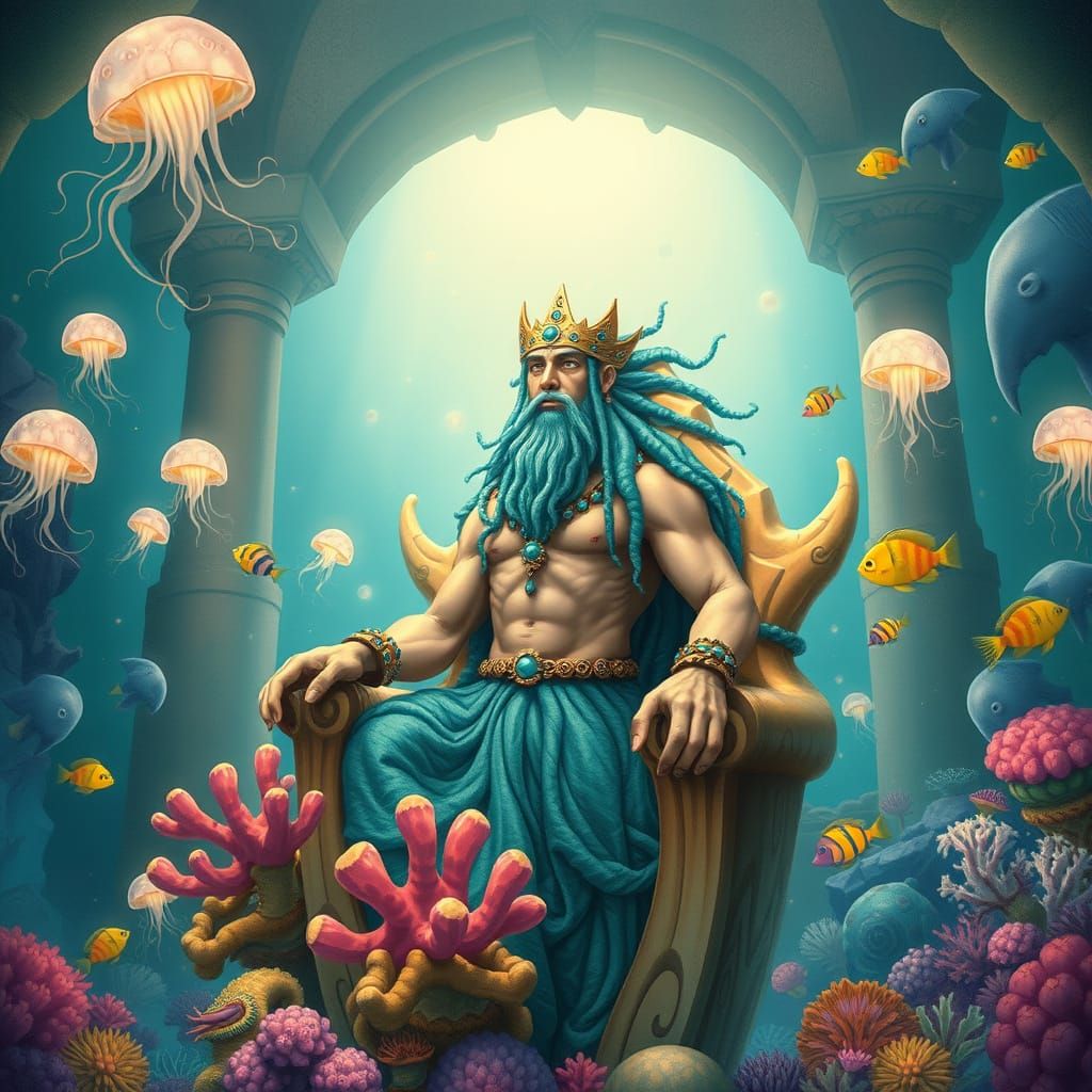 Underwater Sea King on Coral Throne Illustration