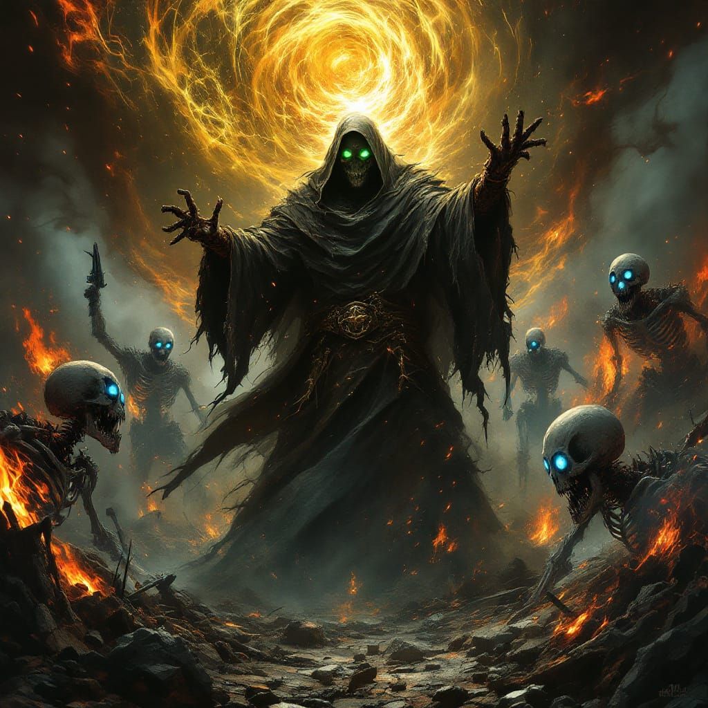 Necromancer Summons Undead with Fiery Energy in Dark Fantasy...