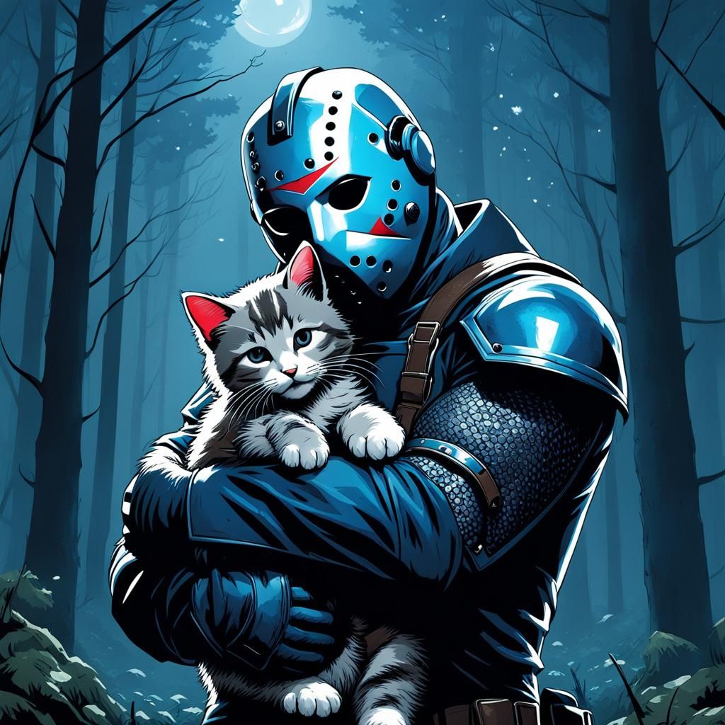Jason Voorhees Cuddles a Kitten in Misty Forest