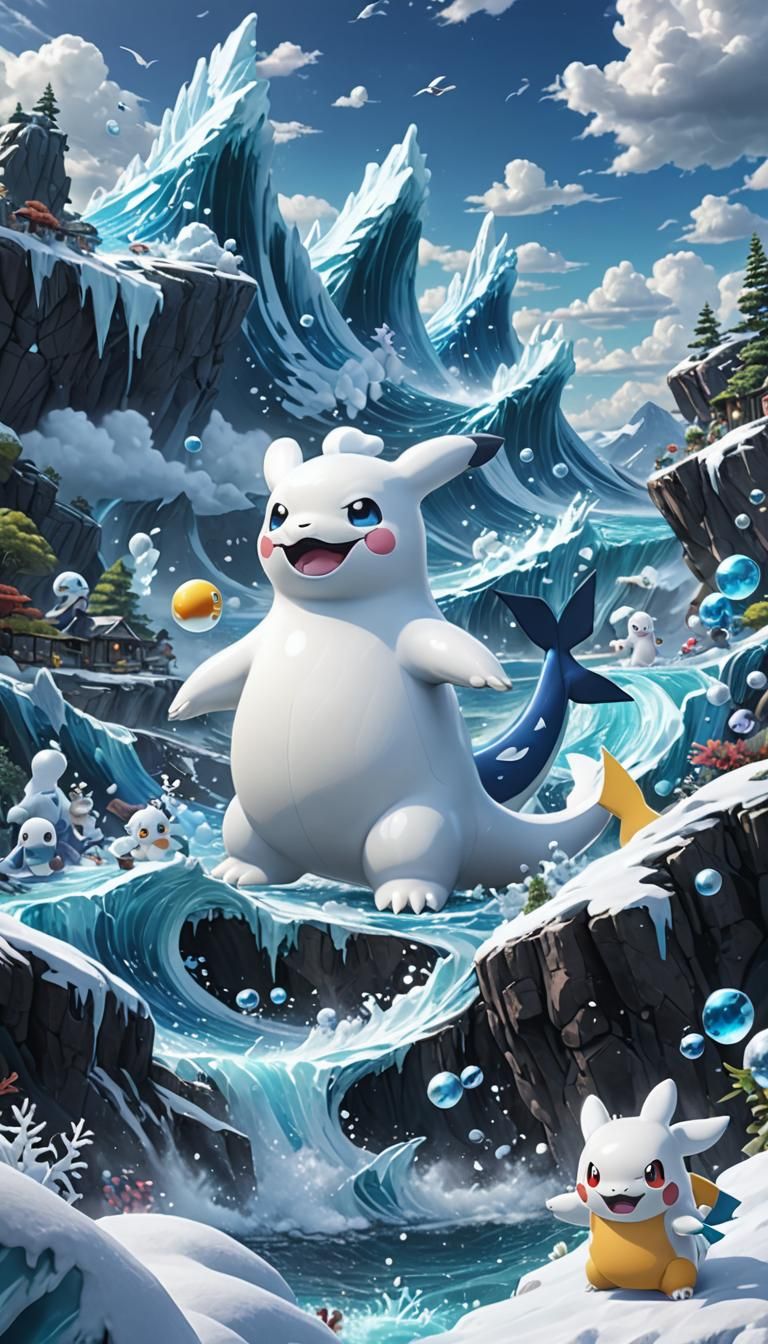 Dewgong Pokemon in Icy Ocean, Detailed Digital Painting