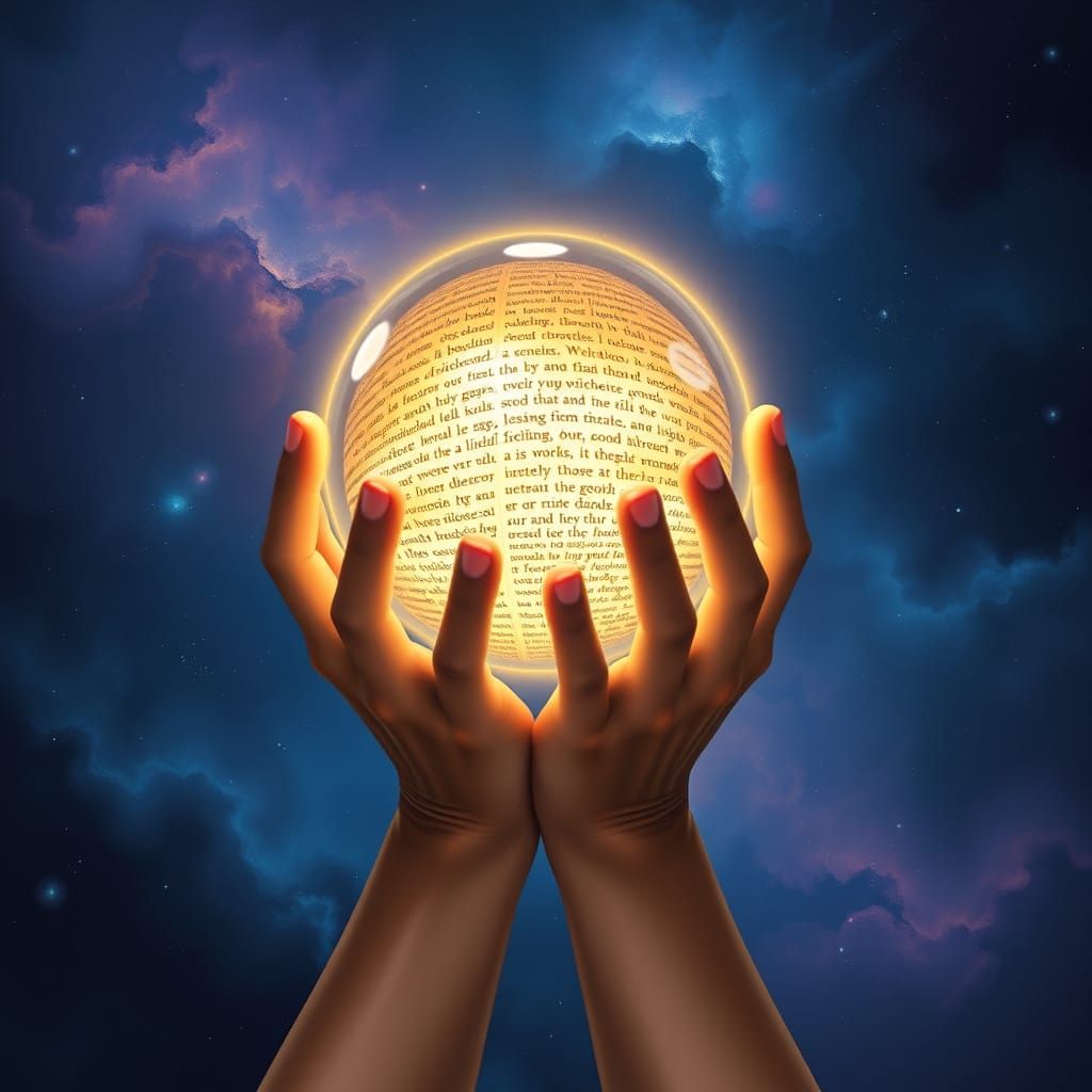 Hands Holding Glowing Sphere of Golden Text in Cosmic Void