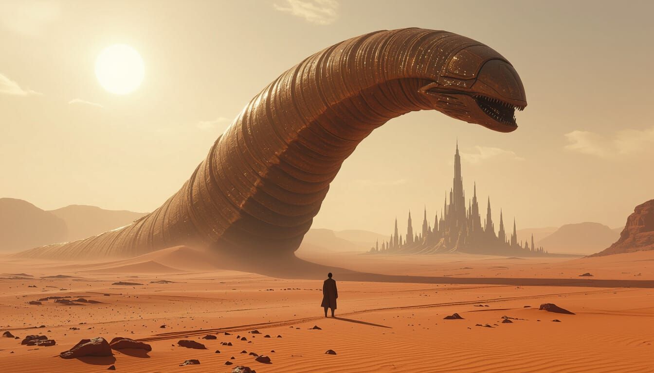 Colossal Sandworm on Alien Desert Planet