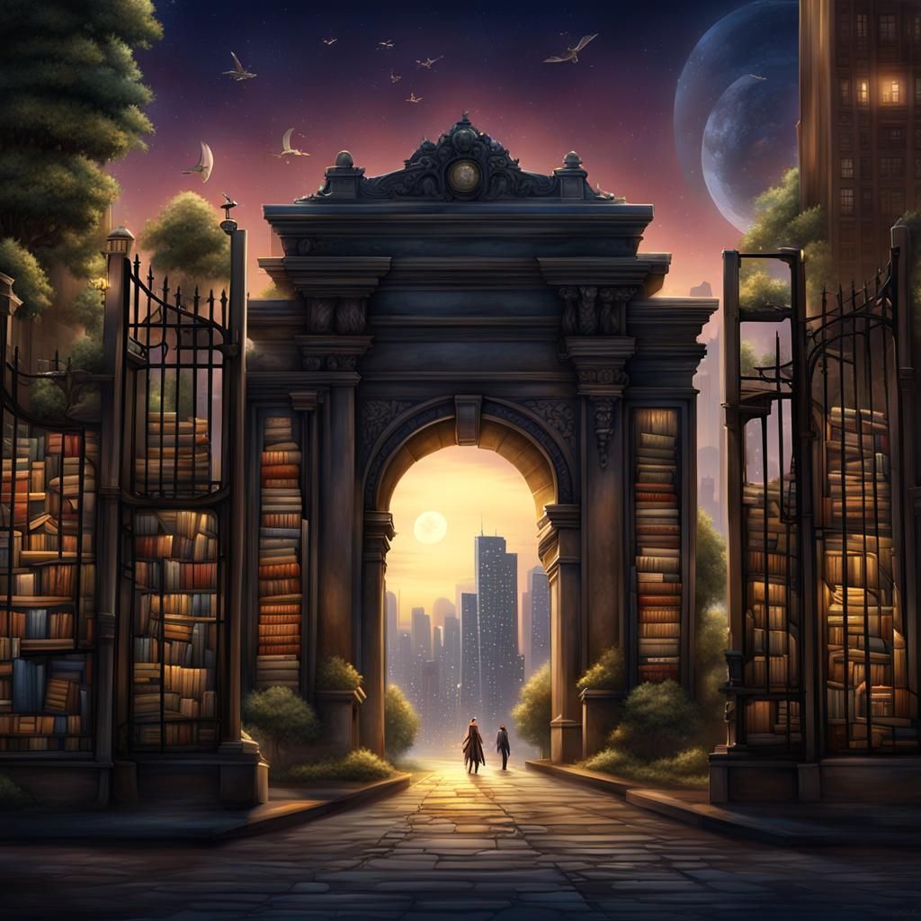 Magical Book Archway in Modern City at Night