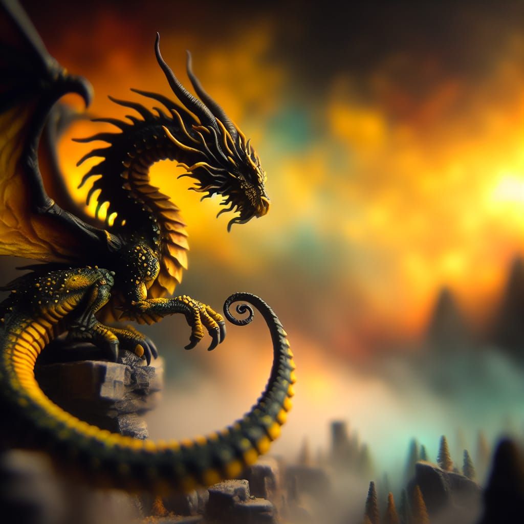 Miniature Black and Yellow Dragon in Dreamy Mist