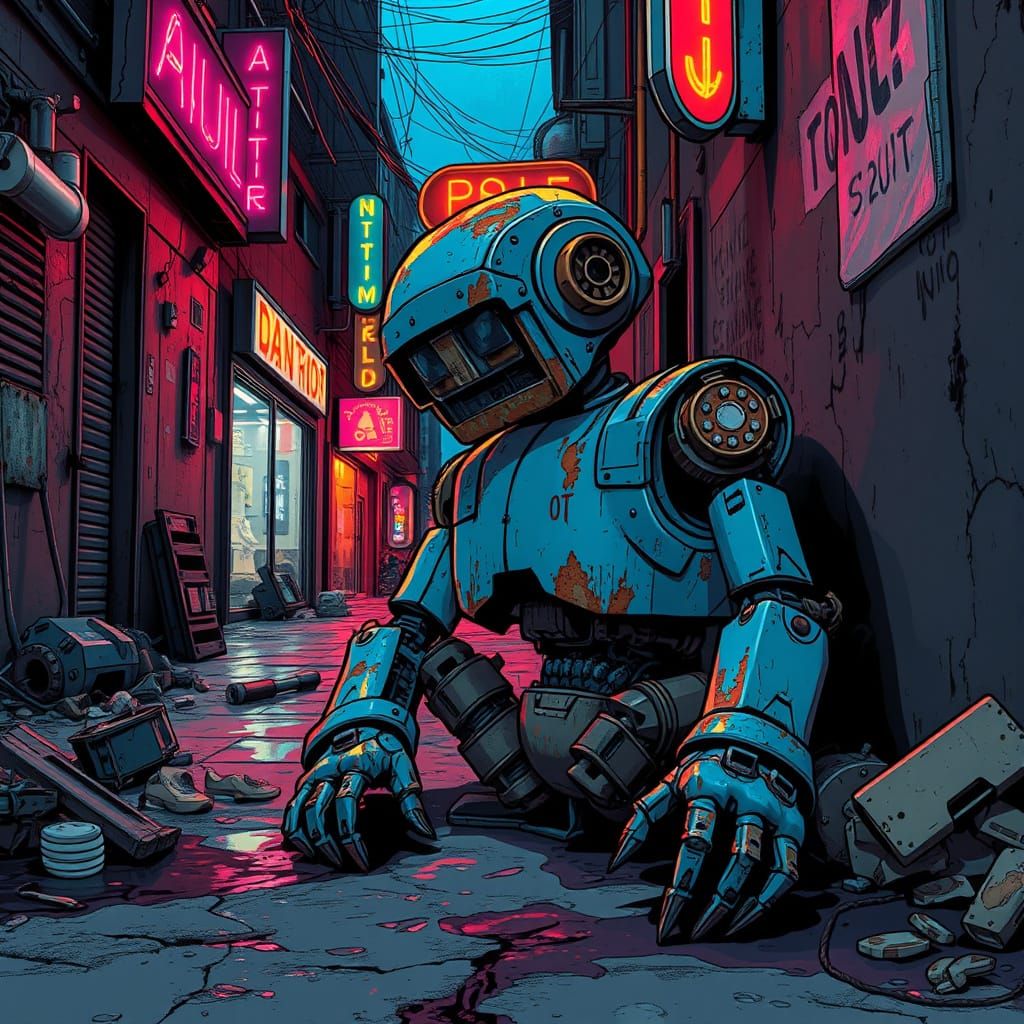 Weathered Rusty Blue Robot in a Gritty Alleyway, Comic Art S...