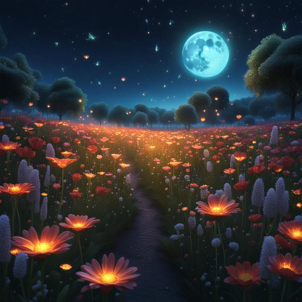 Firefly Flower Field at Night: Fantasy Concept Art