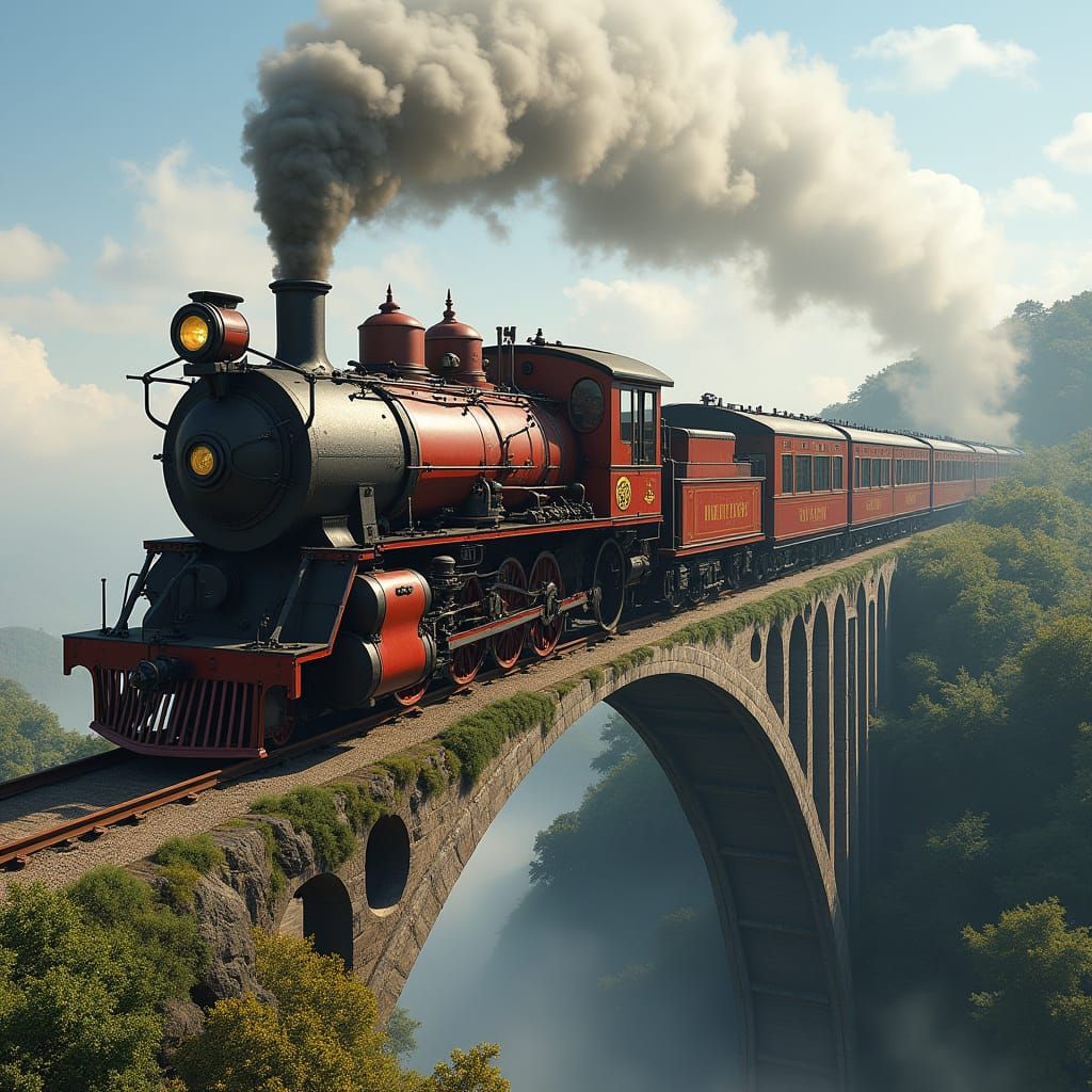 Steam-Powered Train Crosses Majestic Arch Bridge
