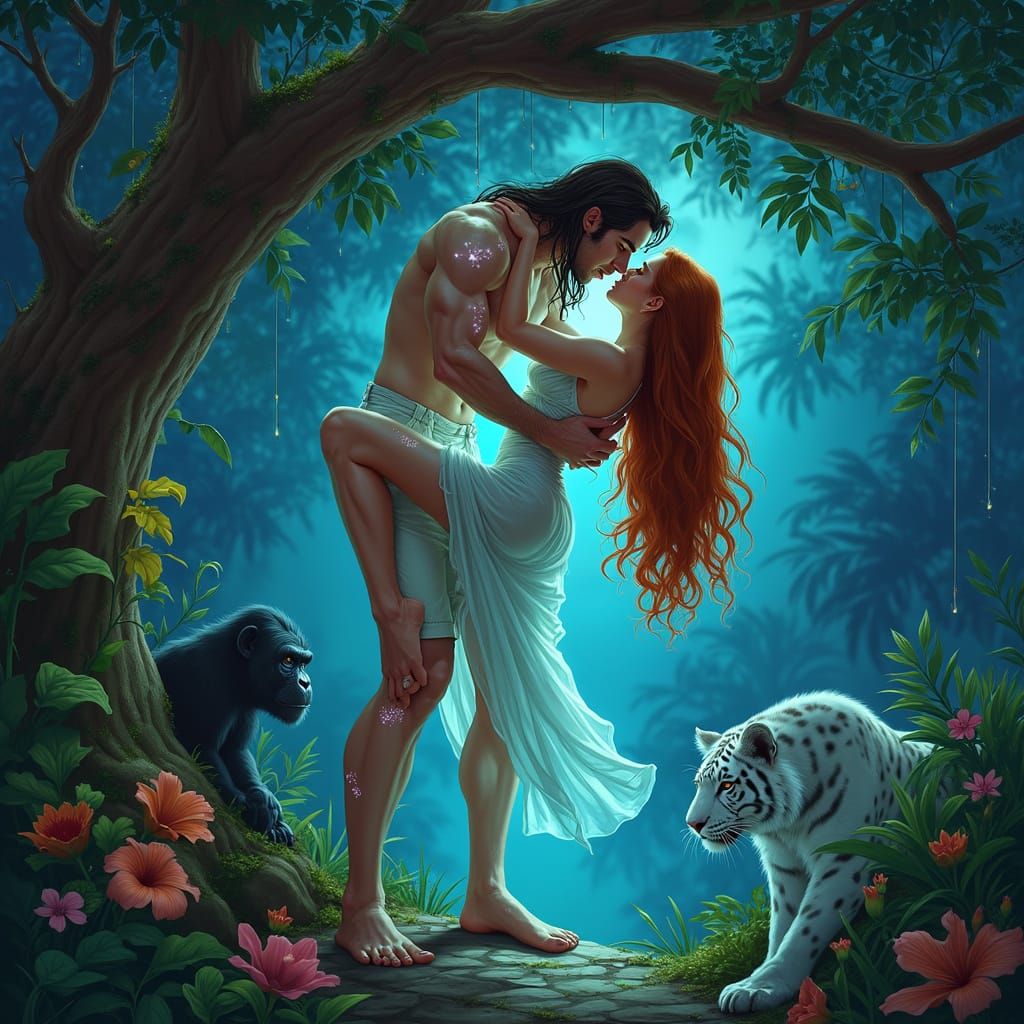 Romantic Jungle Kiss in High-Fashion Illustration