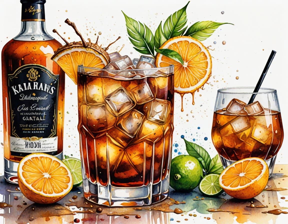 Refreshing Rum Cocktail in Watercolor Style