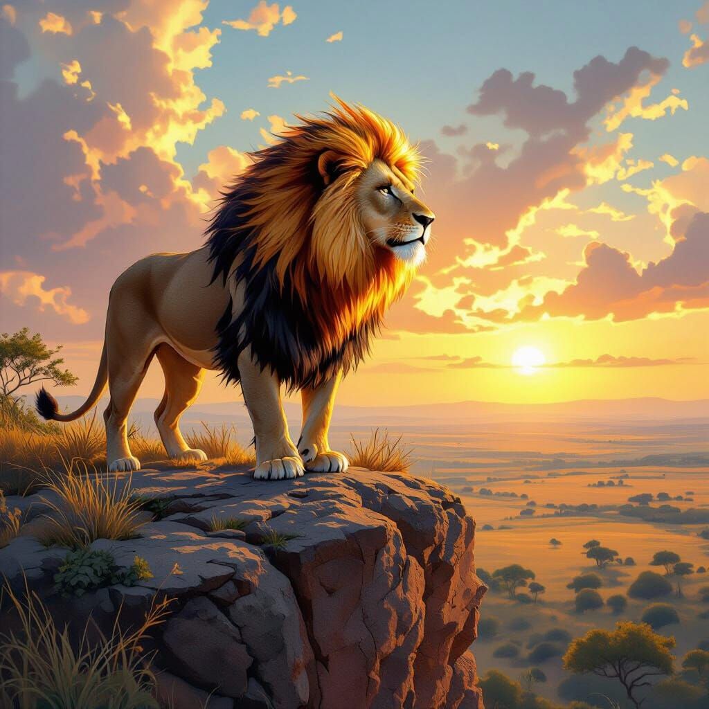 Lion with Flaming Mane Overlooking Savanna, Artgerm Style