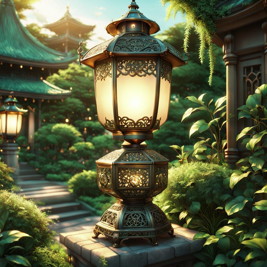 Ornate Tiffany Lantern in Lush Garden: Anime Style