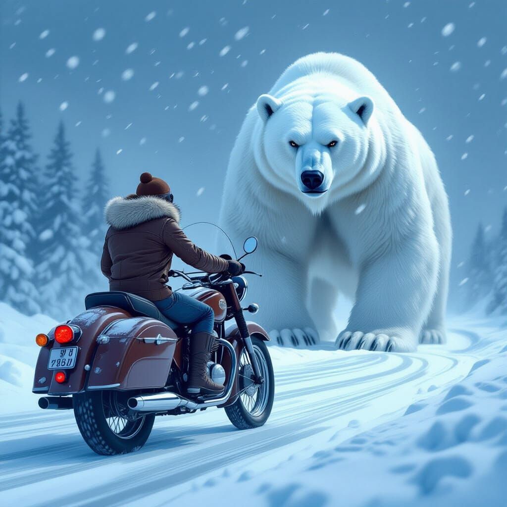 Ice Bear Pursues Motorcycle Rider in Snowy Landscape