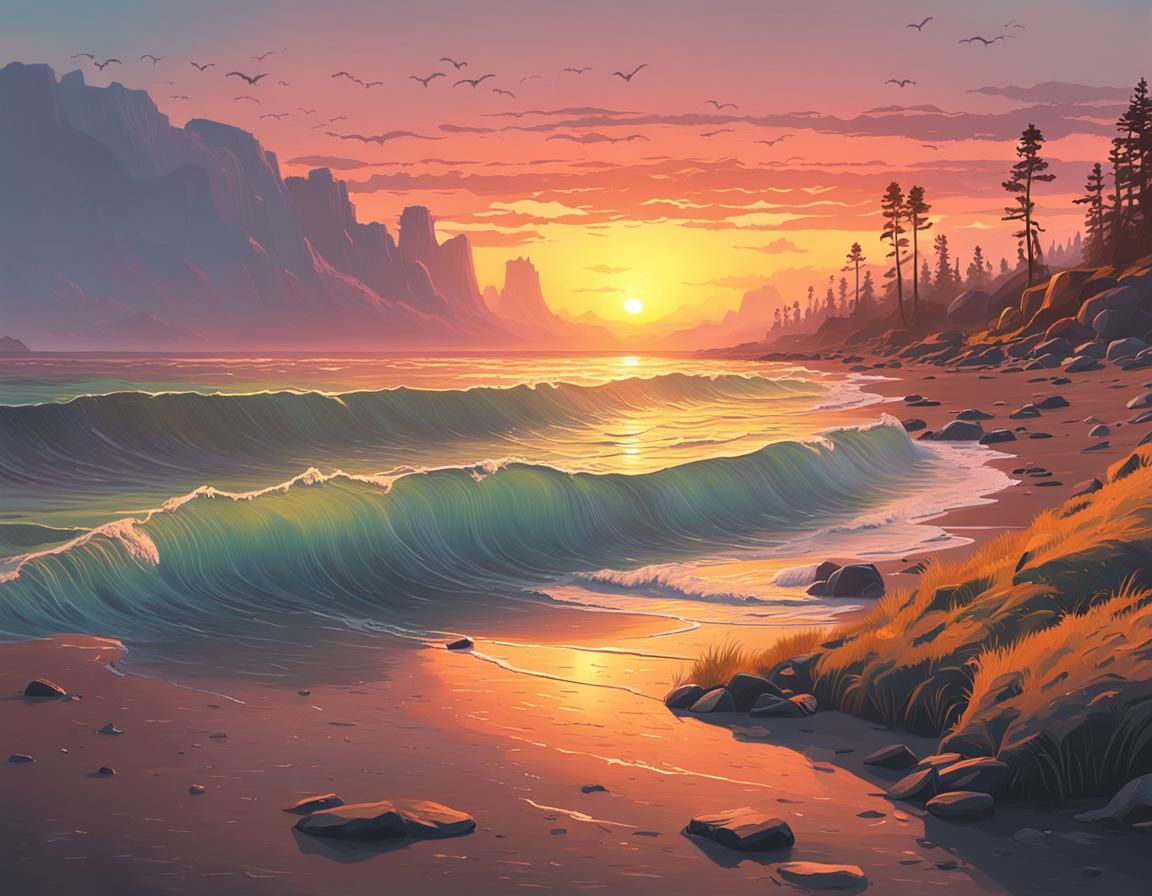 Majestic Beach Sunset in Golden Hour Light