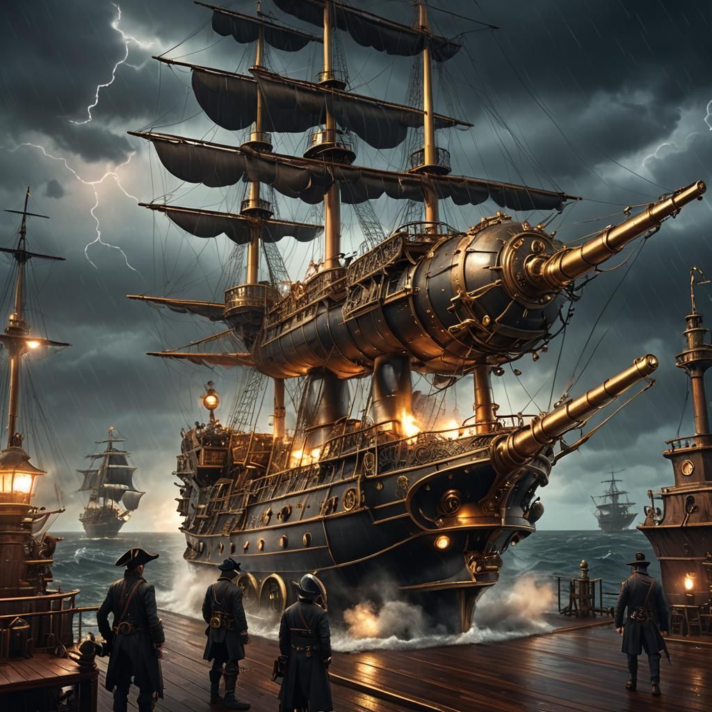 Steampunk Pirate Ship Amidst Stormy Night