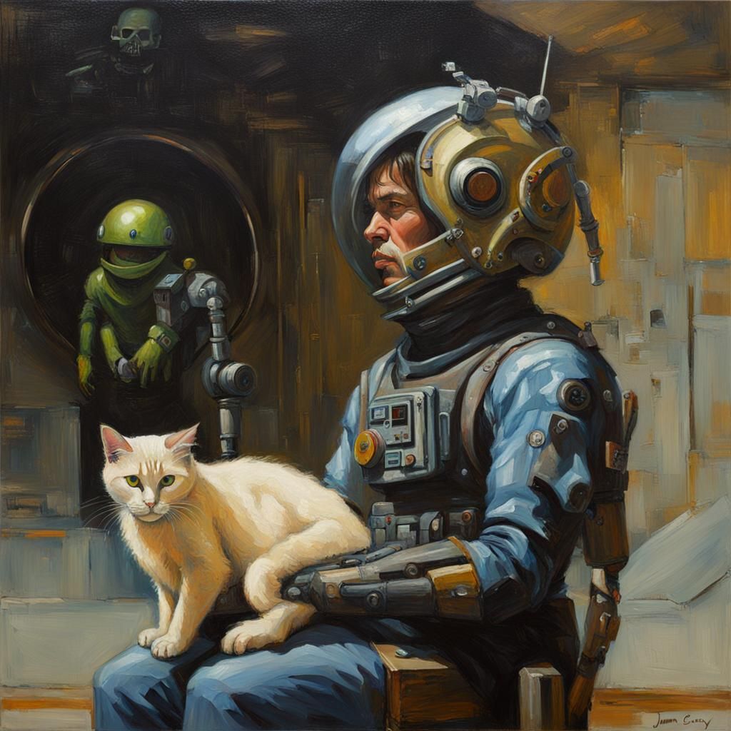 Android and Cat Oil Painting by James Gurney