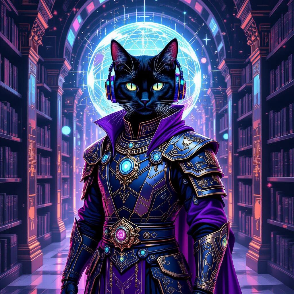 Cyberpunk God Nergal in Neon Library Watercolor